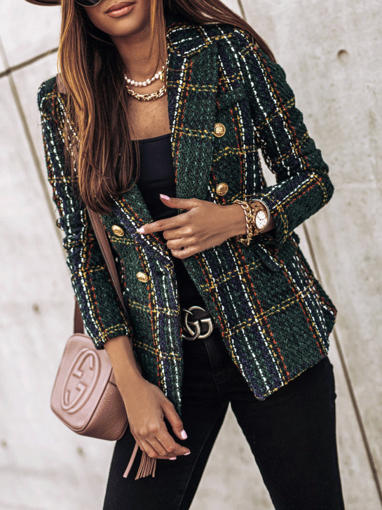 Women's Blazers Plaid Double-Breasted Long Sleeve Blazer - LuckyFash™
