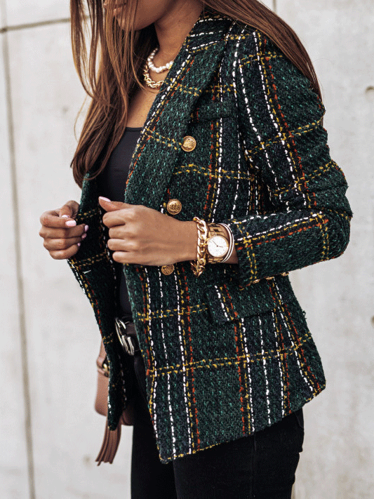 Women's Blazers Plaid Double-Breasted Long Sleeve Blazer - LuckyFash™