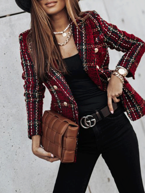 Women's Blazers Plaid Double-Breasted Long Sleeve Blazer - LuckyFash™