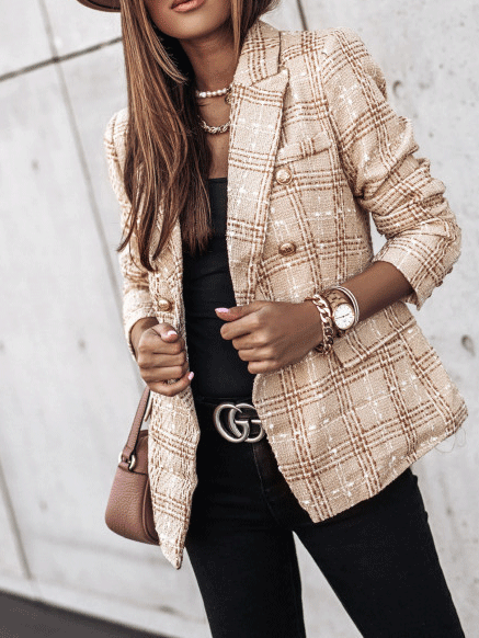 Women's Blazers Plaid Double-Breasted Long Sleeve Blazer - LuckyFash™
