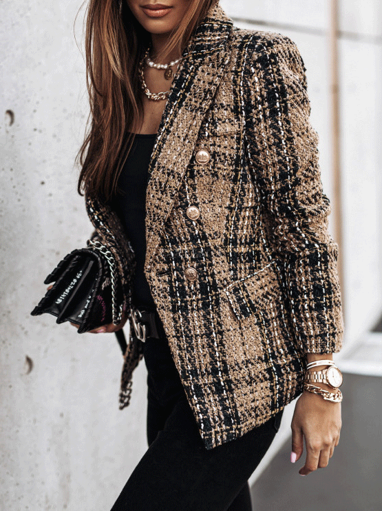 Women's Blazers Plaid Double-Breasted Long Sleeve Blazer - LuckyFash™