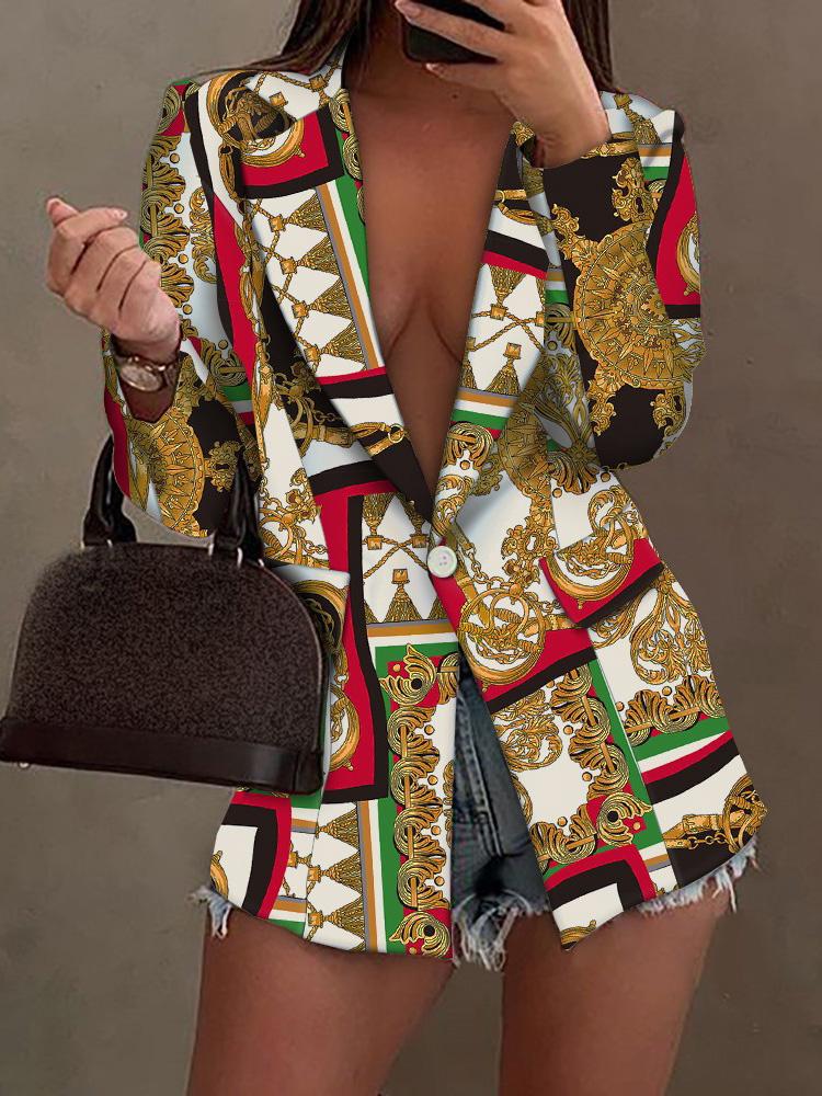 Women's Blazers Printed Lapel Long Sleeve Buttoned Blazer - LuckyFash™
