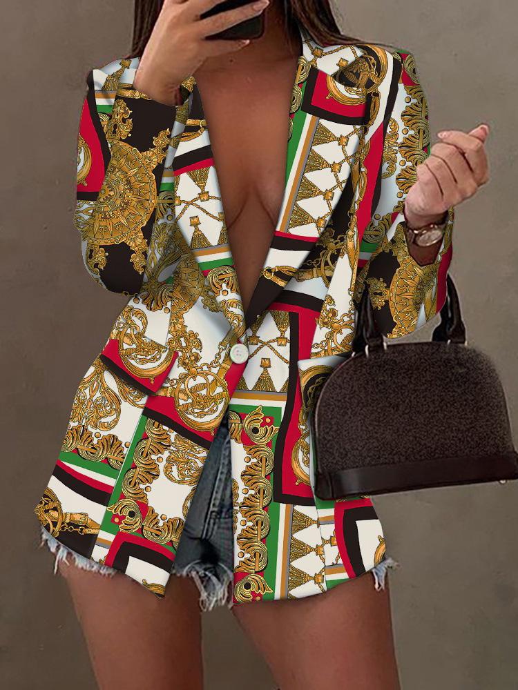 Women's Blazers Printed Lapel Long Sleeve Buttoned Blazer - LuckyFash™