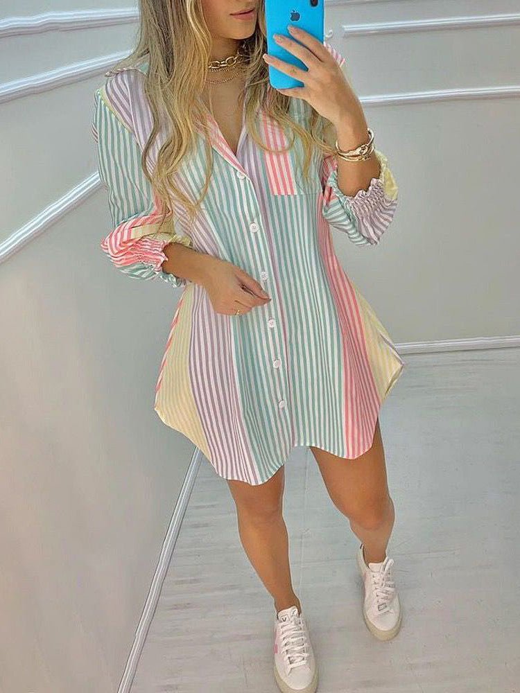 Blouses Commuting Lapel Printed V-Neck Long Sleeved Button Blouse - LuckyFash™