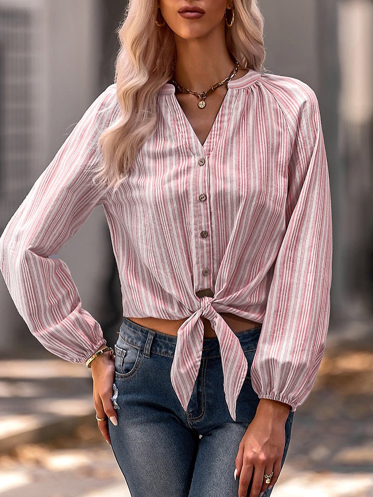 Blouses Fashion Slim V-Neck Stripe Long Sleeve Blouse - LuckyFash™