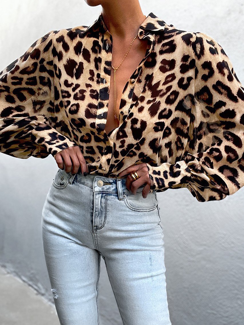 Women's Blouses Leopard Print Bubble Long Sleeve Buttons Blouses - LuckyFash™