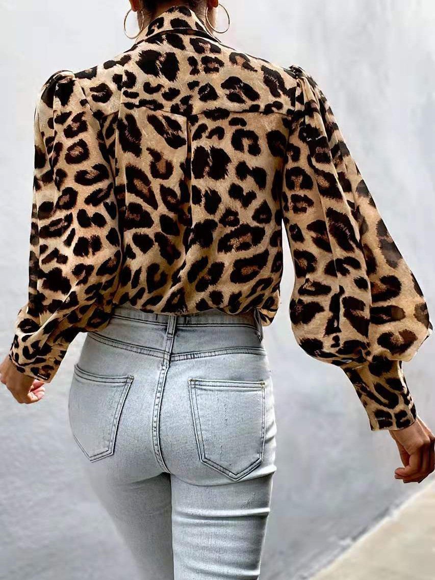 Women's Blouses Leopard Print Bubble Long Sleeve Buttons Blouses - LuckyFash™