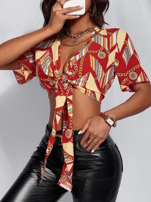 Blouses Printed Short Sleeve Bow Crop Blouse - LuckyFash™