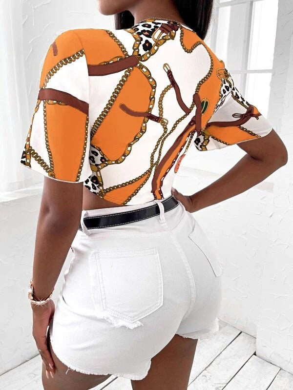 Blouses Printed Short Sleeve Bow Crop Blouse - LuckyFash™