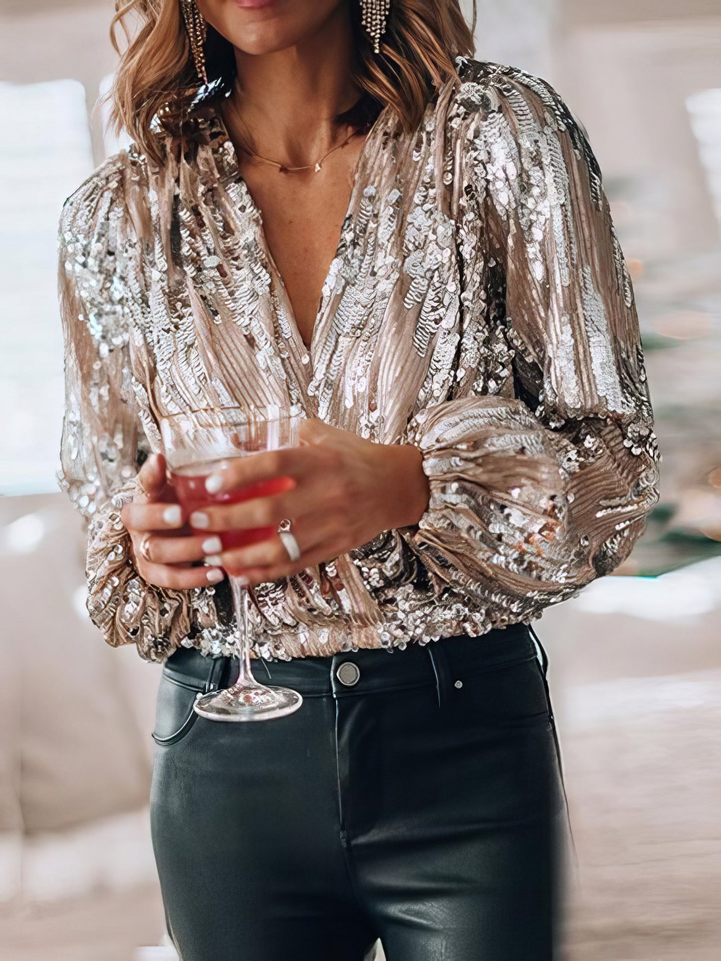 Blouses Sequined V-Neck Long Sleeve Blouse - LuckyFash™