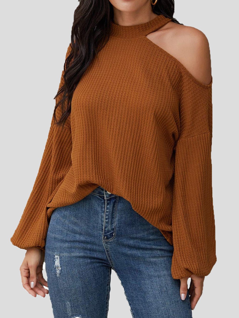 Women's Blouses Waffle Off Shoulder Long Sleeve Knit Blouse - LuckyFash™