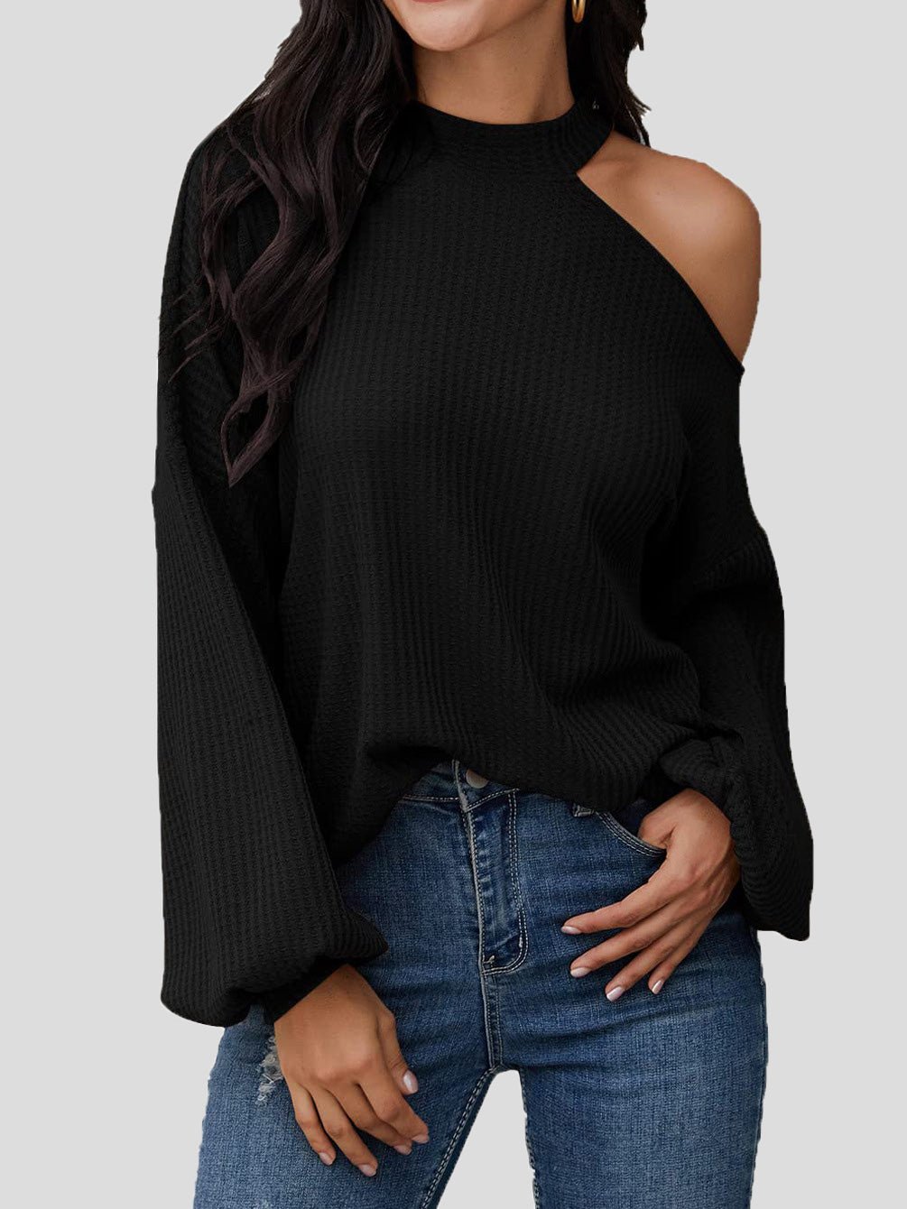 Women's Blouses Waffle Off Shoulder Long Sleeve Knit Blouse - LuckyFash™