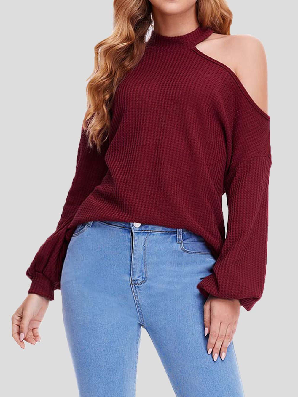 Women's Blouses Waffle Off Shoulder Long Sleeve Knit Blouse - LuckyFash™