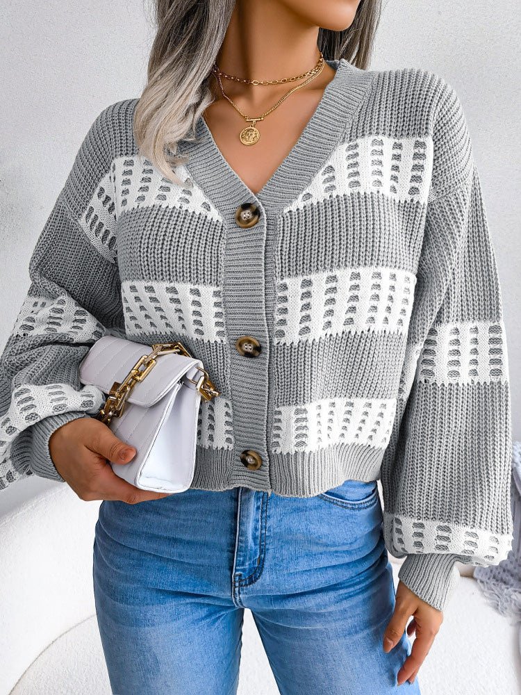 Cardigans Contrast Button Balloon Sleeve Sweater Cardigan - LuckyFash™