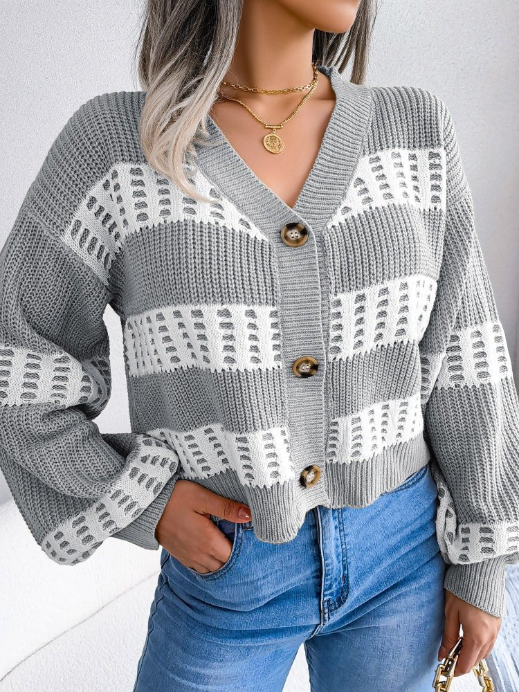 Cardigans Contrast Button Balloon Sleeve Sweater Cardigan - LuckyFash™