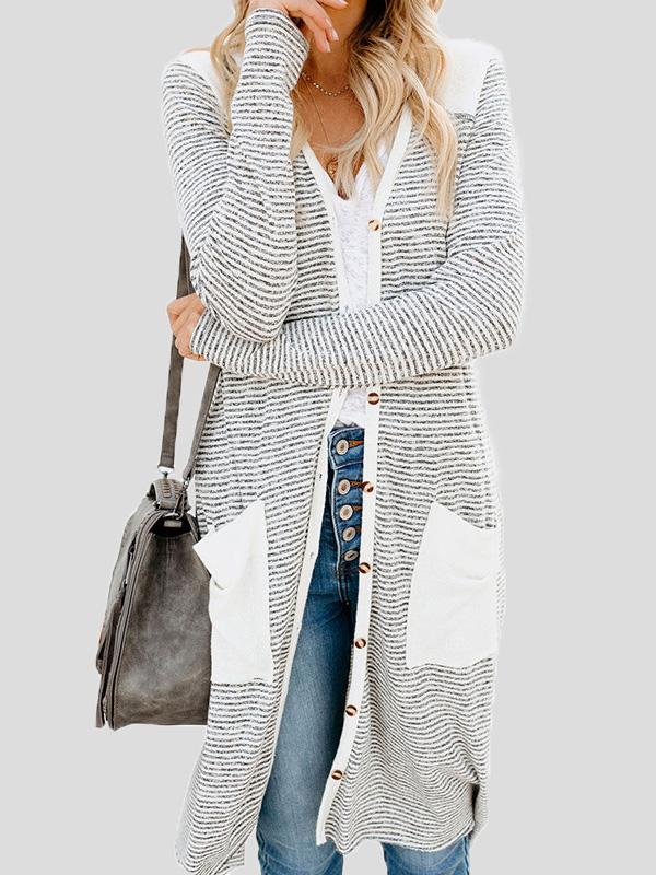 Women's Cardigans Striped Pocket Button Mid-Length Knitted Cardigan - LuckyFash™