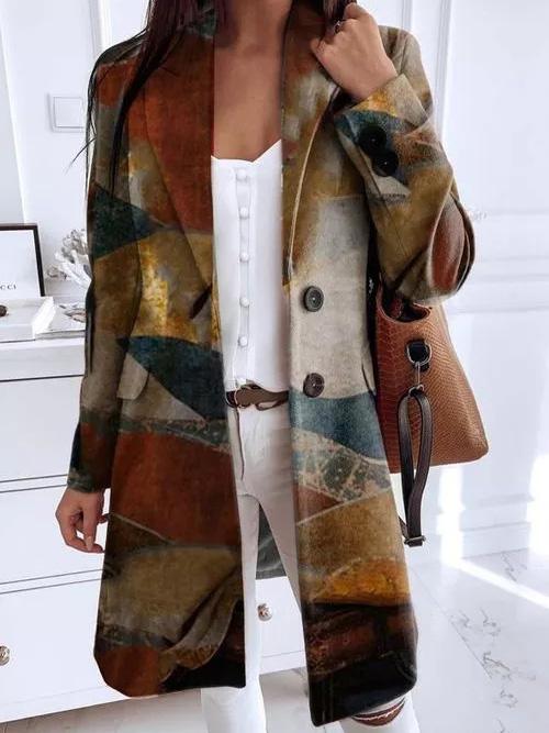 Women's Coats Art Print Lapel Button Woolen Coat - LuckyFash™