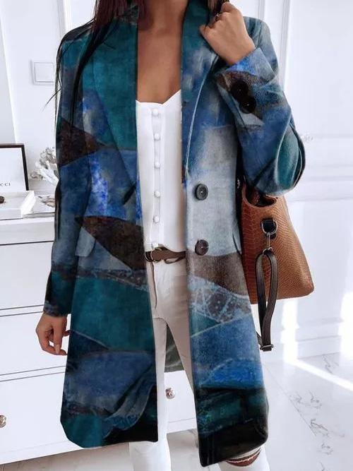 Women's Coats Art Print Lapel Button Woolen Coat - LuckyFash™