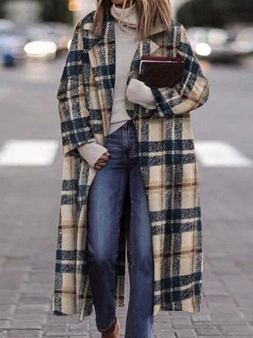 Women's Coats Check Print Lapel Long Woolen Coat - LuckyFash™