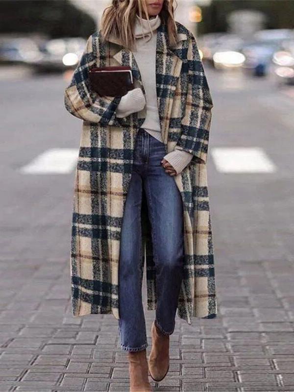 Women's Coats Check Print Lapel Long Woolen Coat - LuckyFash™