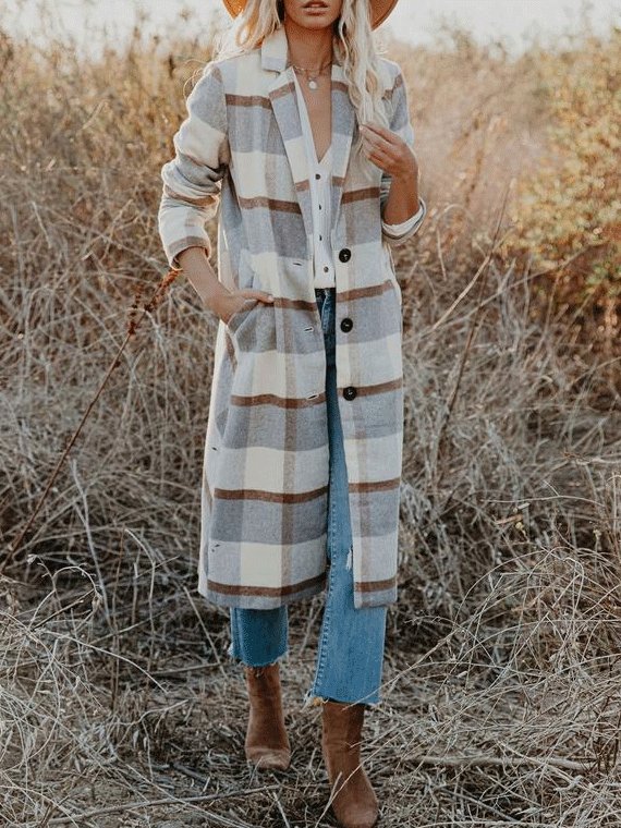 Women's Coats Checked Button Pocket Long Woolen Coat - LuckyFash™