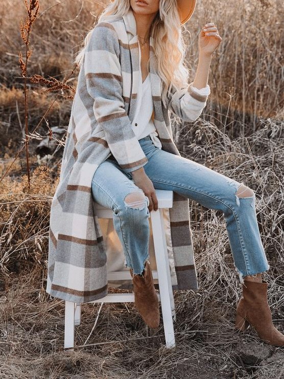 Women's Coats Checked Button Pocket Long Woolen Coat - LuckyFash™