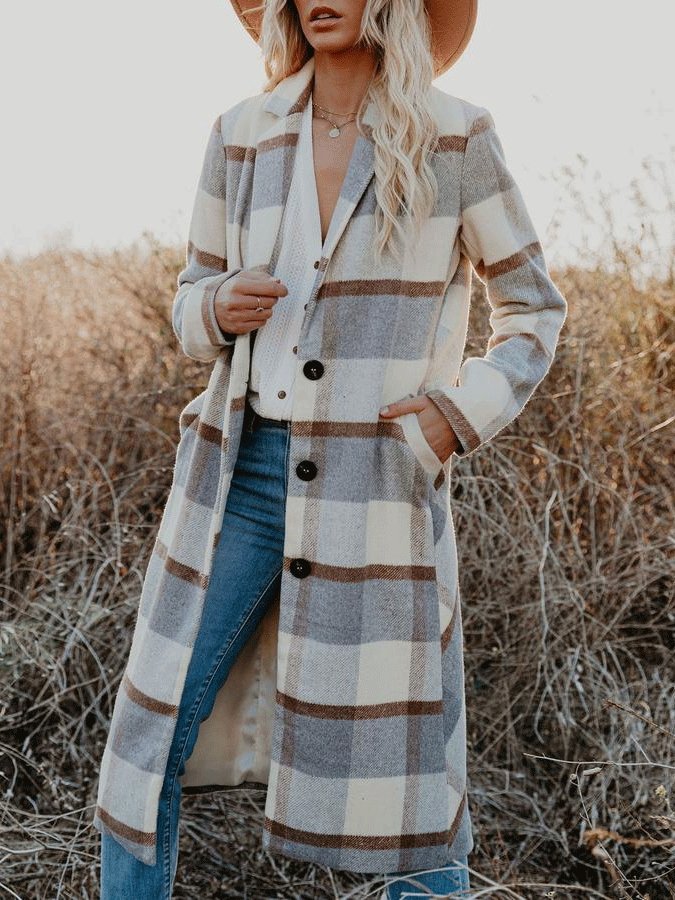 Women's Coats Checked Button Pocket Long Woolen Coat - LuckyFash™