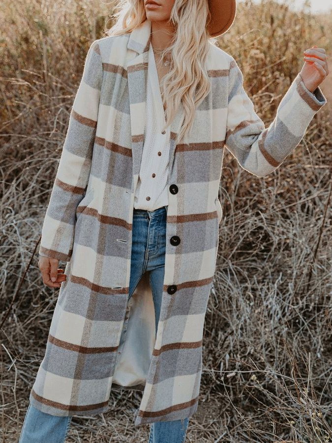 Women's Coats Checked Button Pocket Long Woolen Coat - LuckyFash™