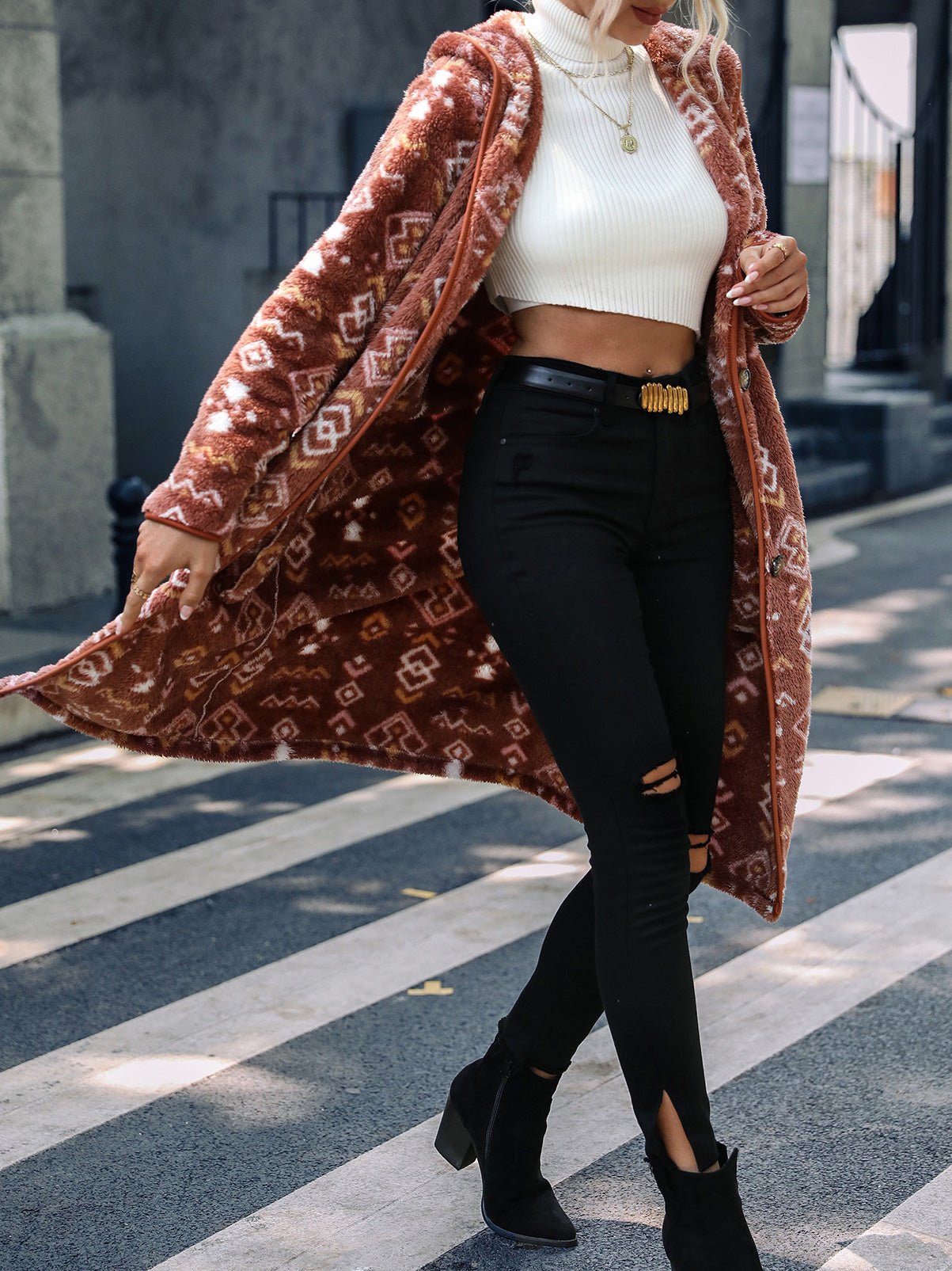 Women's Coats Geometric Print Single Breasted Hood Plush Coats - LuckyFash™