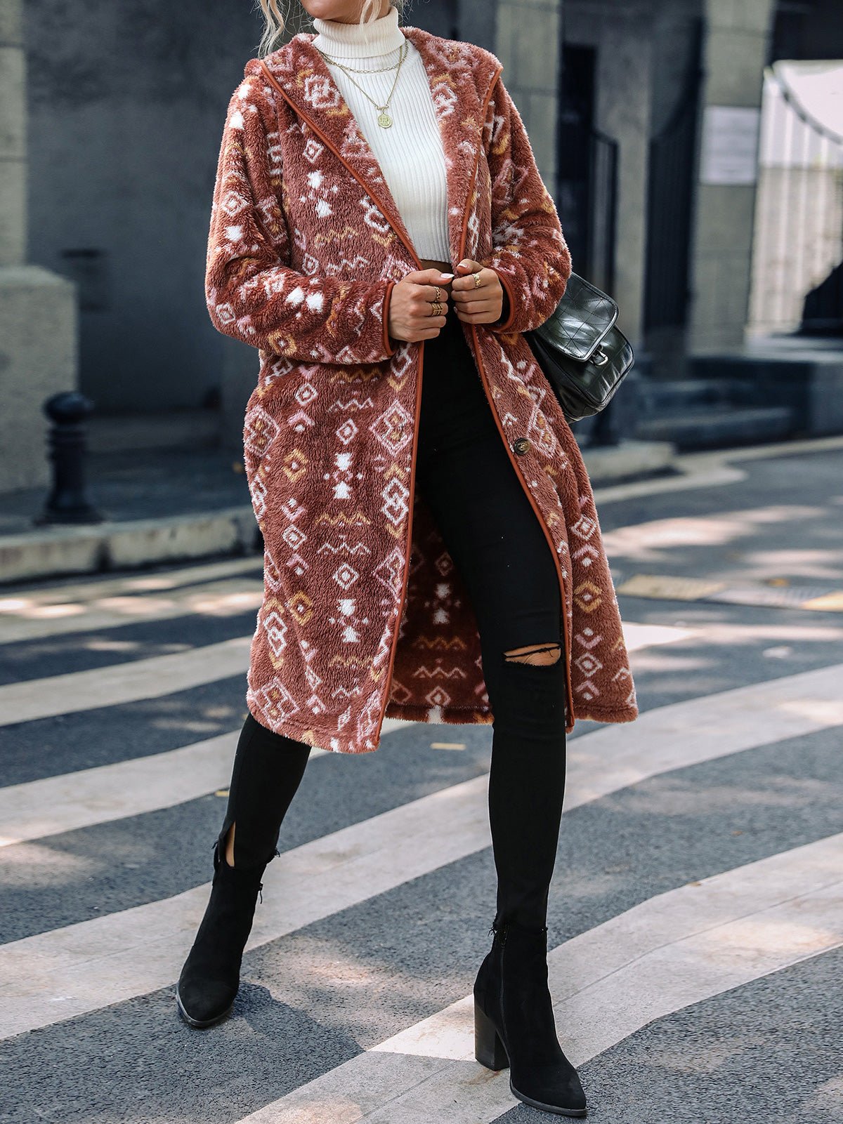 Women's Coats Geometric Print Single Breasted Hood Plush Coats - LuckyFash™