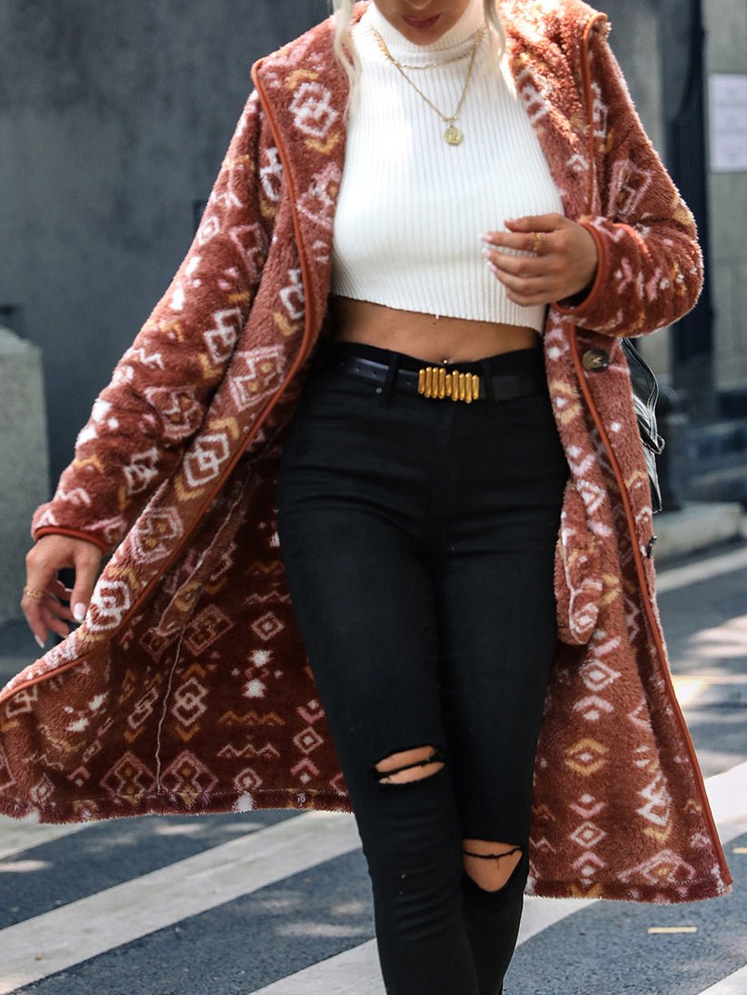 Women's Coats Geometric Print Single Breasted Hood Plush Coats - LuckyFash™