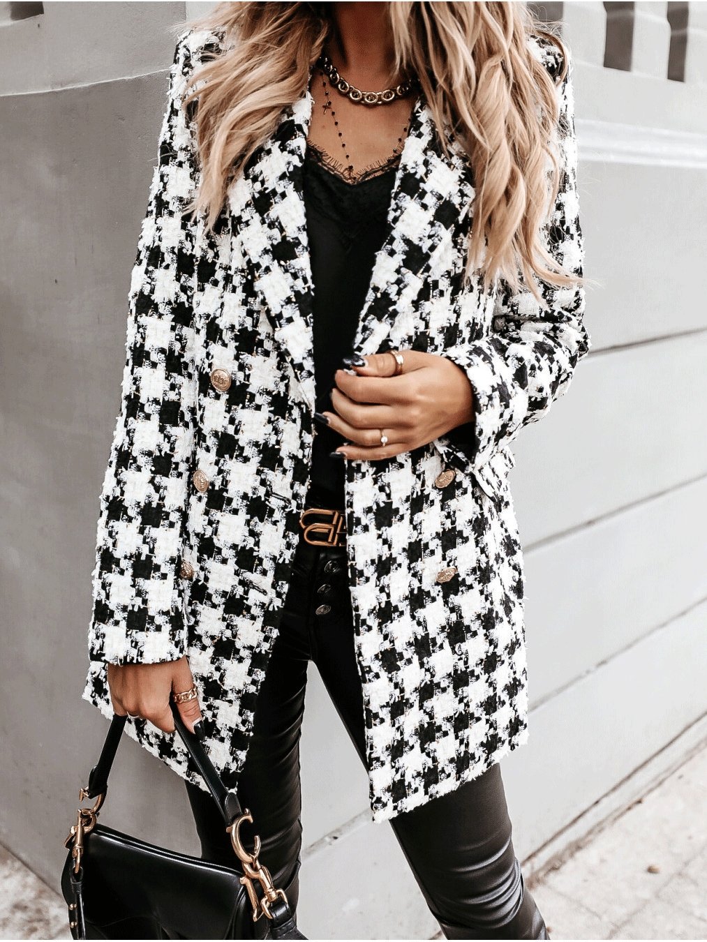 Women's Coats Lapel Double-Breasted Plaid Wool Coat - LuckyFash™