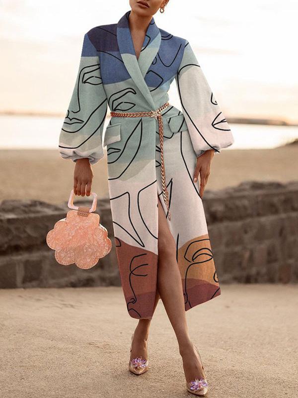 Women's Coats Lapel Printed Temperament Long Woolen Coat - LuckyFash™