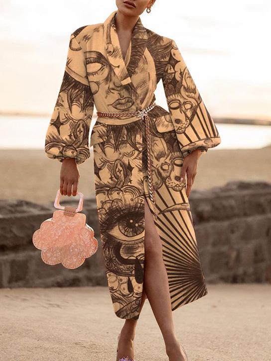 Women's Coats Lapel Printed Temperament Long Woolen Coat - LuckyFash™