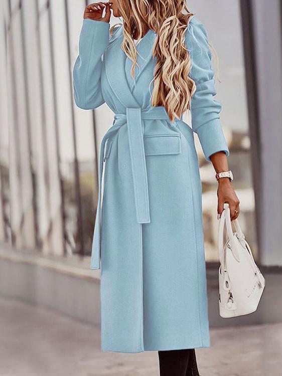 Women's Coats Lapel Solid Long Sleeve Belt Pocket Woolen Coat - LuckyFash™