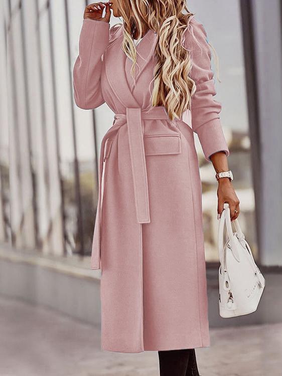 Women's Coats Lapel Solid Long Sleeve Belt Pocket Woolen Coat - LuckyFash™