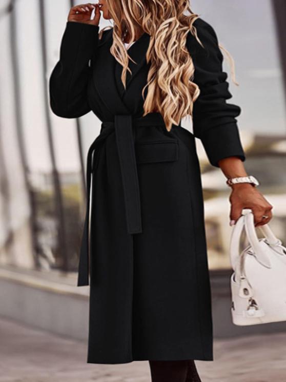 Women's Coats Lapel Solid Long Sleeve Belt Pocket Woolen Coat - LuckyFash™