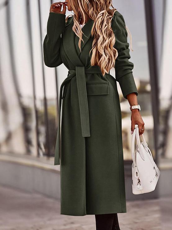 Women's Coats Lapel Solid Long Sleeve Belt Pocket Woolen Coat - LuckyFash™