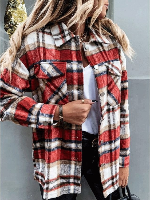 Women's Coats Long Sleeve Pocket Plaid Casual Coats - LuckyFash™