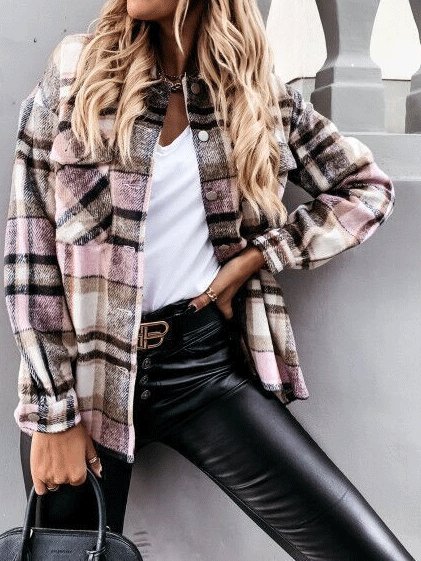Women's Coats Long Sleeve Pocket Plaid Casual Coats - LuckyFash™