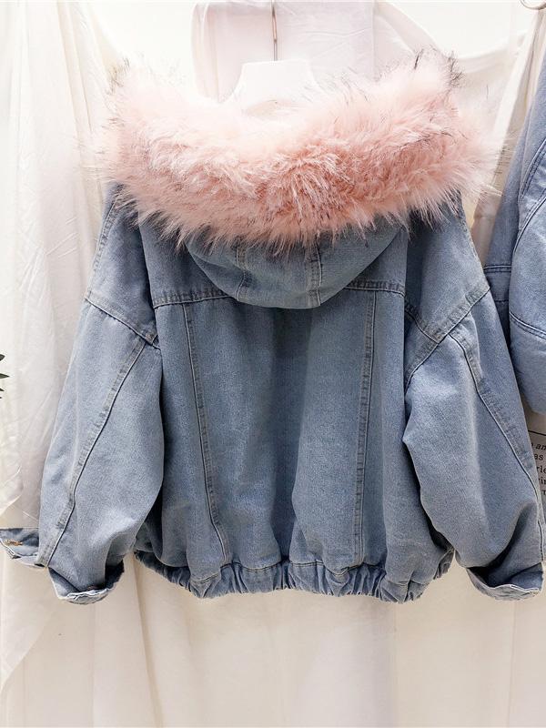 Women's Coats Loose Fur Collar Pocket Buttons Denim Coat - LuckyFash™