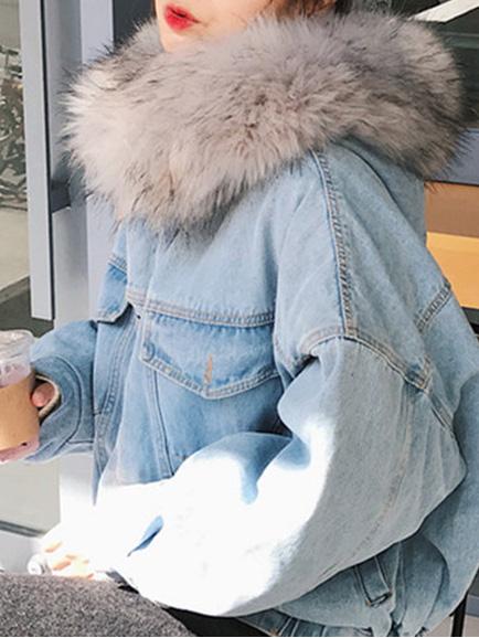 Women's Coats Loose Fur Collar Pocket Buttons Denim Coat - LuckyFash™