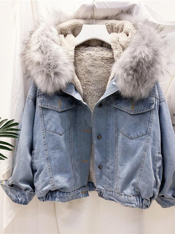 Women's Coats Loose Fur Collar Pocket Buttons Denim Coat - LuckyFash™