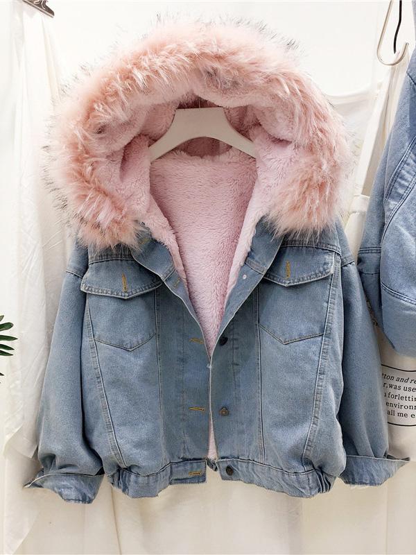 Women's Coats Loose Fur Collar Pocket Buttons Denim Coat - LuckyFash™