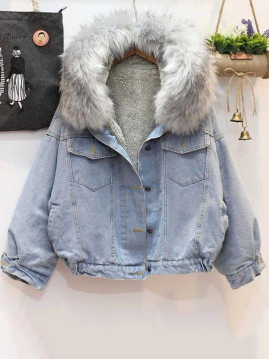 Women's Coats Loose Fur Collar Pocket Buttons Denim Coat - LuckyFash™