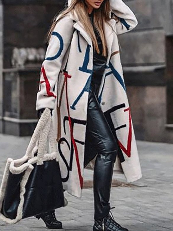 Women's Coats Loose Letter Print Lapel Woolen Coat - LuckyFash™