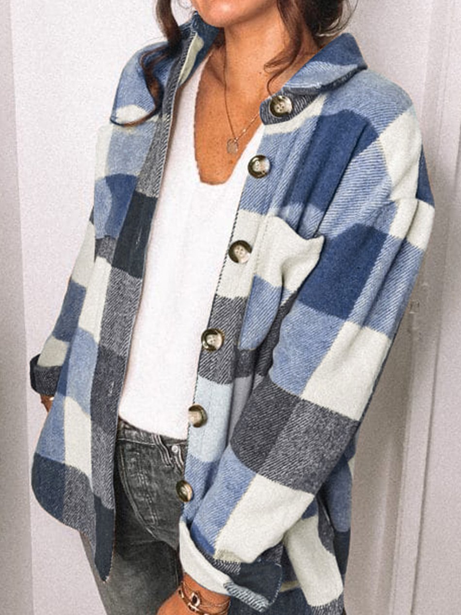 Women's Coats Plaid Pocket Button Long Sleeve Shirt Coat - LuckyFash™