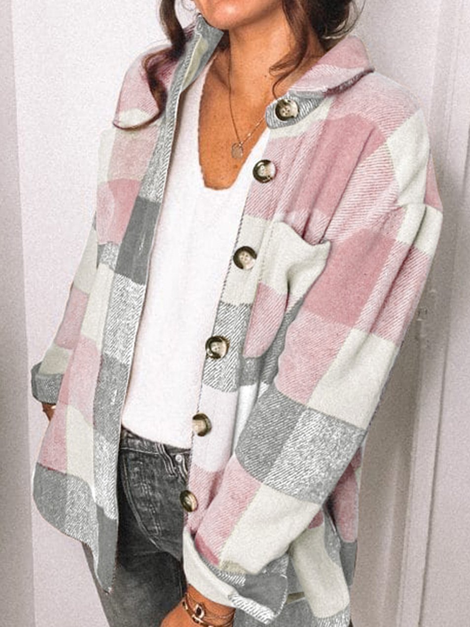 Women's Coats Plaid Pocket Button Long Sleeve Shirt Coat - LuckyFash™