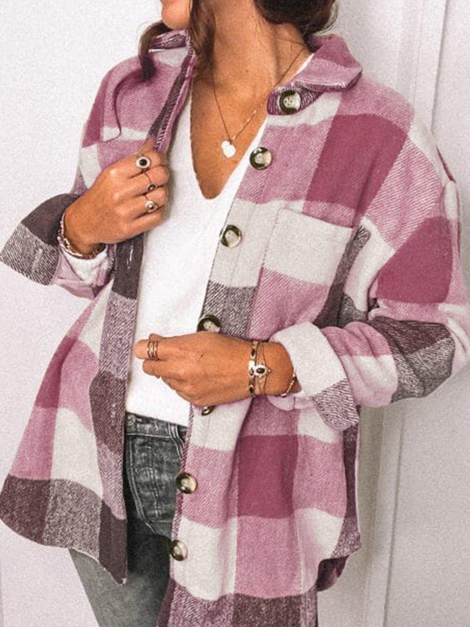 Women's Coats Plaid Pocket Button Long Sleeve Shirt Coat - LuckyFash™