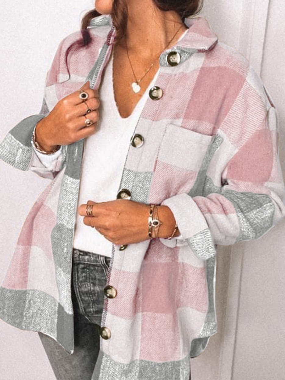 Women's Coats Plaid Pocket Button Long Sleeve Shirt Coat - LuckyFash™
